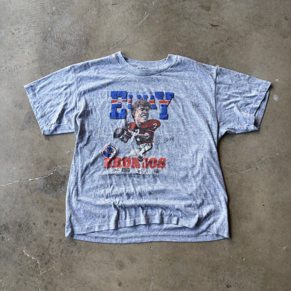 Vintage 80s 1987 NFL Denver Broncos MVP John Elway Caricature Print T Shirt LRG - Picture 1 of 5